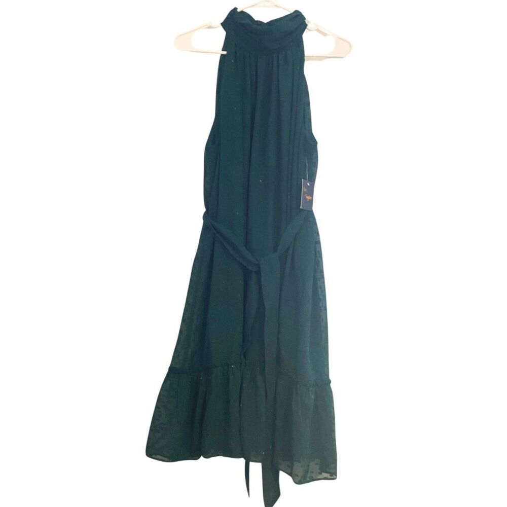 NWT Dark Green Dress Halter Neck Midi Polka Dot Waist Tie